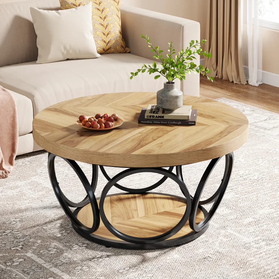 Coffee Table, Round Center Table with 2 Storage Shelves